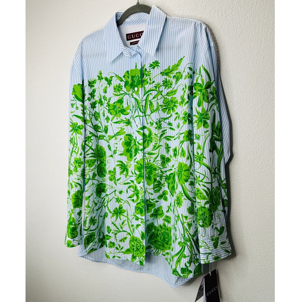 NWT Gucci Blue Green Stripe Floral Print Long Sleeve Button Collar Shirt 44 / L - Picture 2 of 16